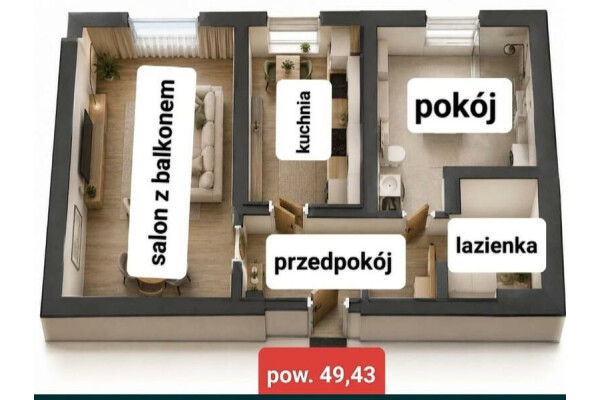 będziński, Czeladź, Ogrodowa, Czeladz ul. Ogrodowa ⭐49,43m2 // 2 pokoje + Balkon
